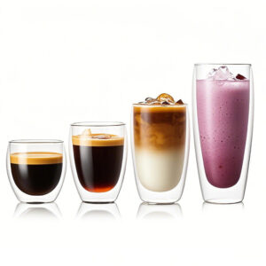 Clear double wall glass coffee cup filled with black coffee