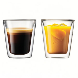 Set of four transparent glass coffee and tea cups