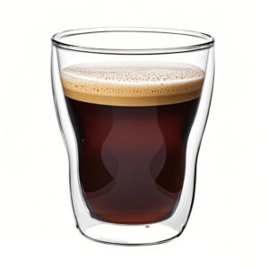 Hand holding a double wall glass coffee cup with latte art – outer wall cool, coffee hot inside