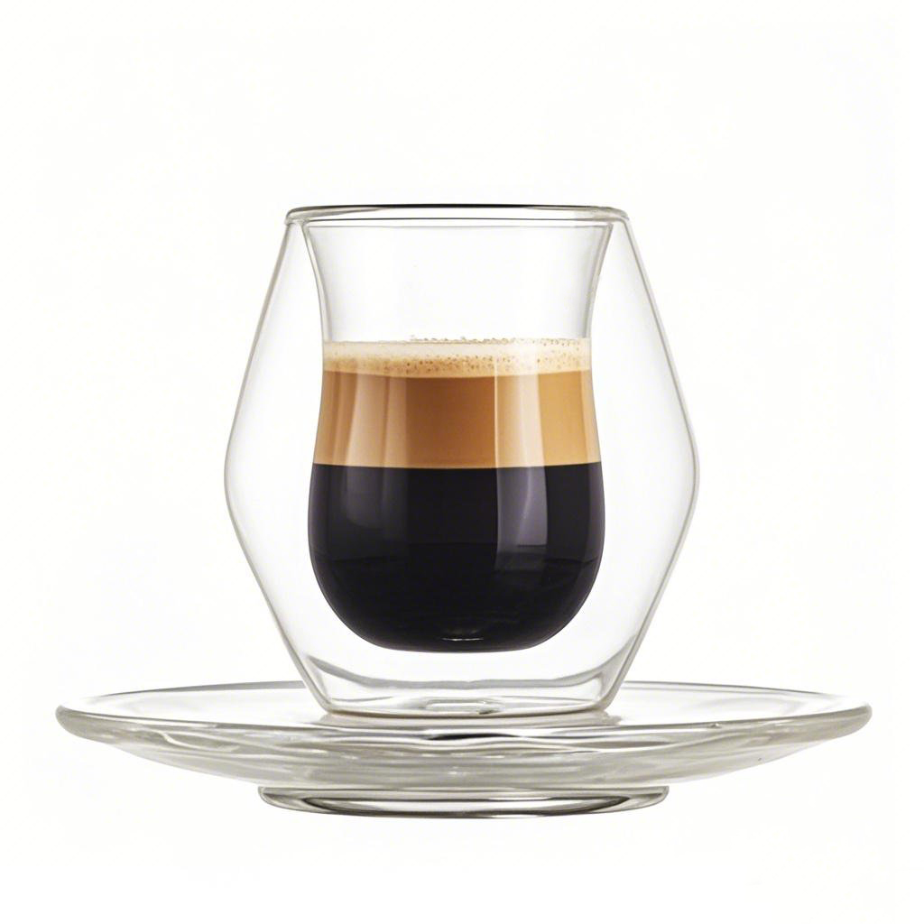 Top view of a double wall glass coffee cup with glass saucer