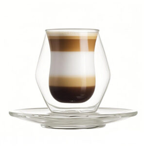 Empty double wall borosilicate glass coffee cup on a wooden table, side view highlighting insulation gap