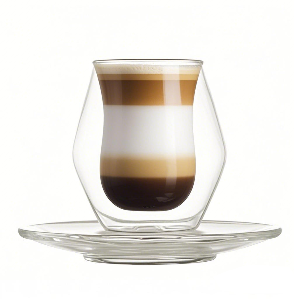 Empty double wall borosilicate glass coffee cup on a wooden table, side view highlighting insulation gap
