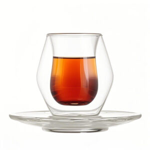 Set of two transparent double wall glass coffee cups on glass saucer