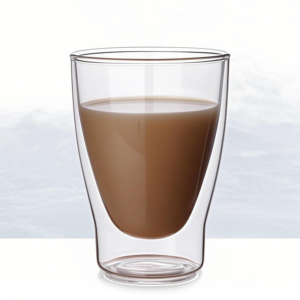 Set of two transparent double wall glass coffee cups on a white marble counter