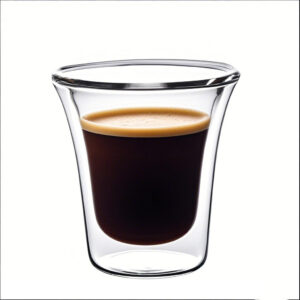 Close-up shot of a clear glass coffee cup showing the inner and outer layers while brewing coffee