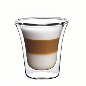 A glass coffee cup with double wall insulation, filled with hot espresso, sitting on a cork mat
