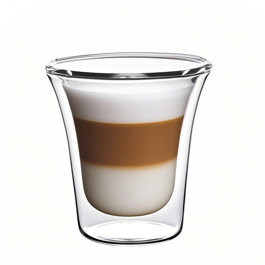 A glass coffee cup with double wall insulation, filled with hot espresso, sitting on a cork mat