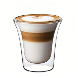 A glass coffee cup with double wall insulation, filled with hot espresso, sitting on a cork mat