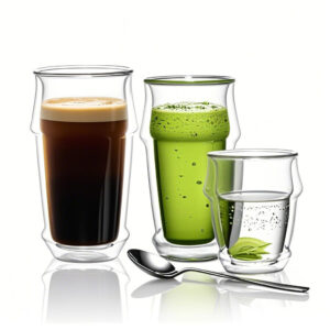 Empty glass coffee cup on a gray stone surface, highlighting the seamless double wall design