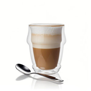 Hand gripping a cool-to-touch glass coffee cup with steam rising from the black coffee inside