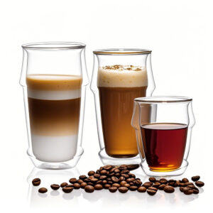 A glass coffee cup with double wall insulation, filled with hot espresso, sitting on a cork mat