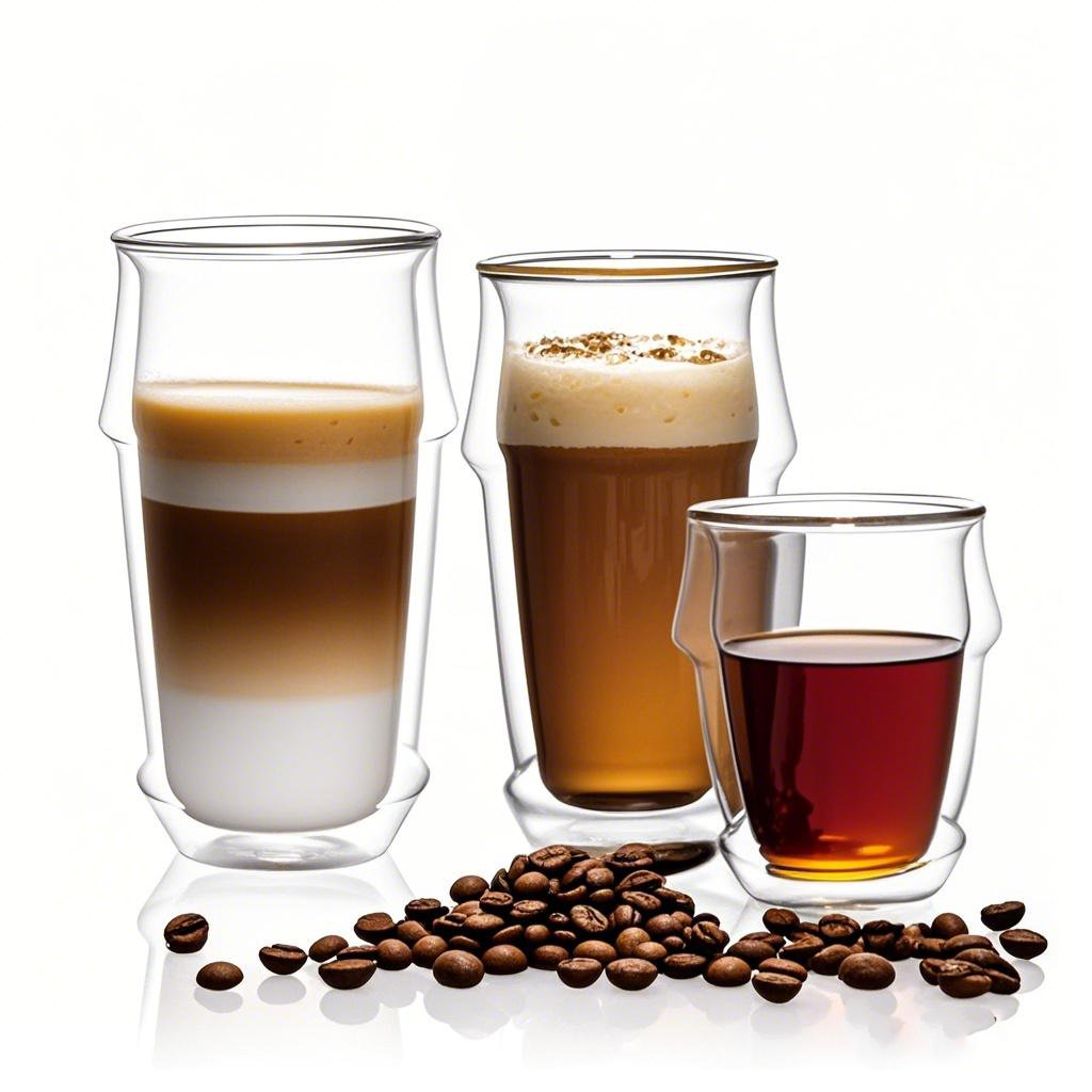 A glass coffee cup with double wall insulation, filled with hot espresso, sitting on a cork mat