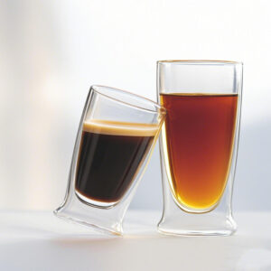 Two glass coffee cups stacked together, showing transparent construction and air gap