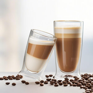 Side profile of a double wall glass coffee cup with dark roast coffee and soft morning light