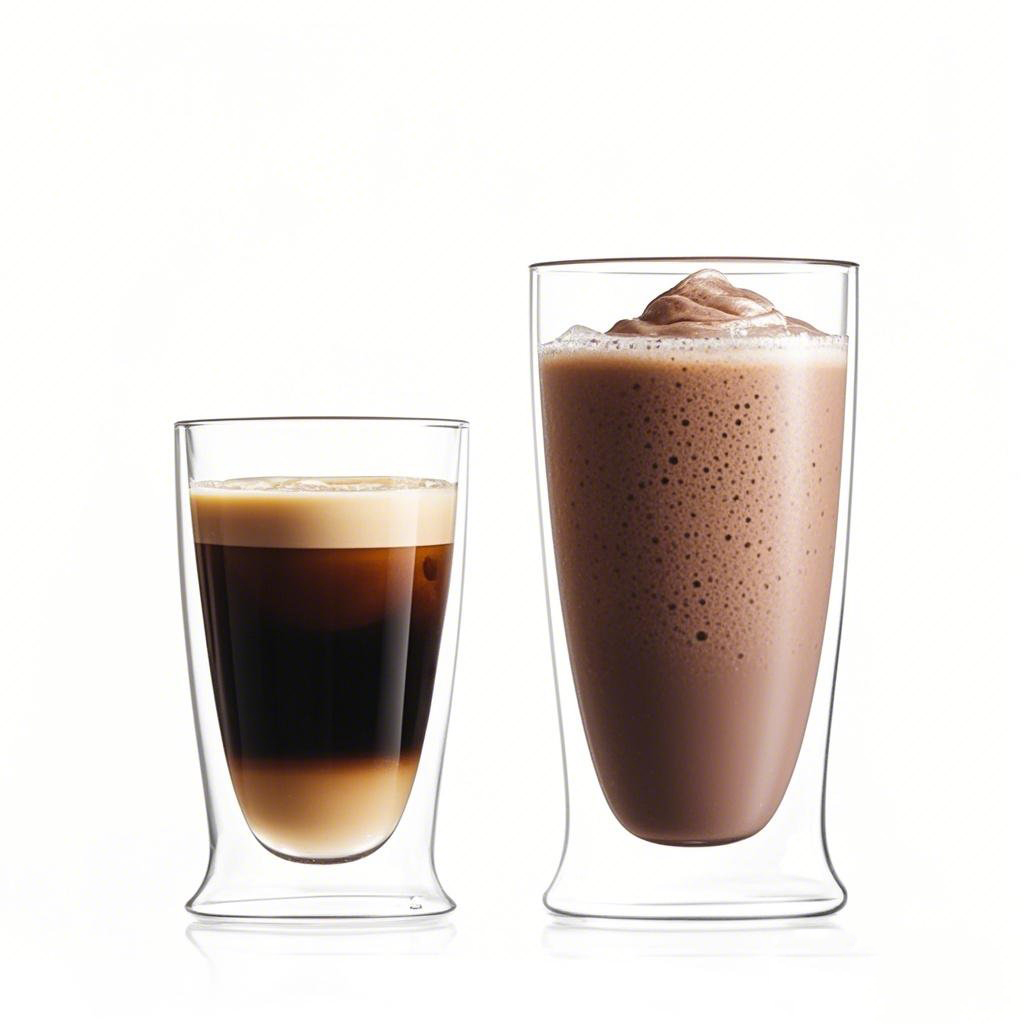 Side profile of a double wall glass coffee cup with dark roast coffee and soft morning light