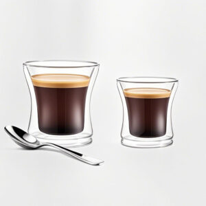 Person pouring hot water into a glass coffee cup with visible steam and double wall separation