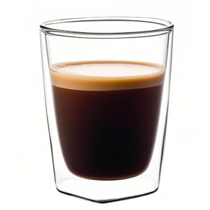 Sleek transparent double wall glass mug with espresso, showing inner wall and vacuum-like effect.