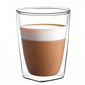 Double-walled borosilicate glass coffee cup with hot black coffee, clear insulation layer visible.