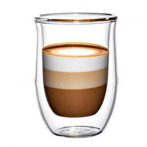 Sleek transparent double wall glass mug with espresso, showing inner wall and vacuum-like effect.