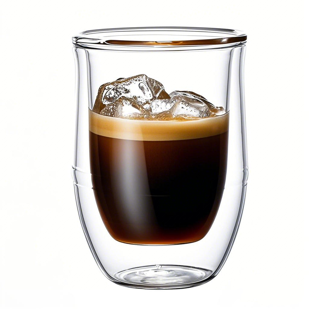Hand-held double wall glass cup filled with cappuccino, foam art on top, white background.