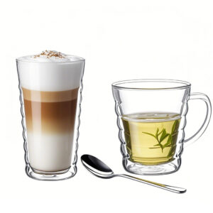 Clear double wall glass coffee mug, minimalist design, coffee floating illusion.