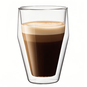 Clear double wall glass for coffee, showing liquid inside