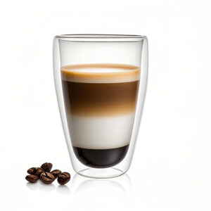 Borosilicate double wall glass cup with hot coffee and latte art