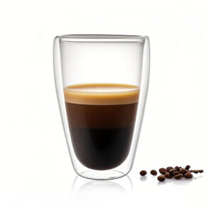 Set of two double wall borosilicate glass coffee mugs on wooden table