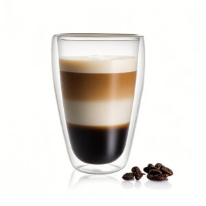 Transparent double wall glass cup filled with creamy latte and coffee art