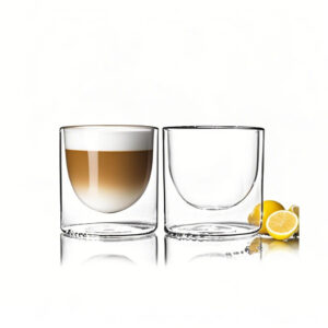 Double wall coffee glass with ergonomic handle and non-slip silicone base