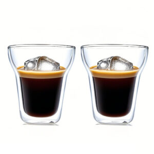 Double wall glass cup for iced coffee – no condensation drips on outer surface