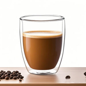 Elegant double wall glass coffee cup with graceful curves, presented in a gift box