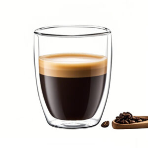 Elegant double wall glass coffee cup with graceful curves, presented in a gift box