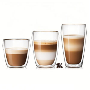 Double wall glass coffee cup creating a floating illusion – ideal for latte art photography and social media